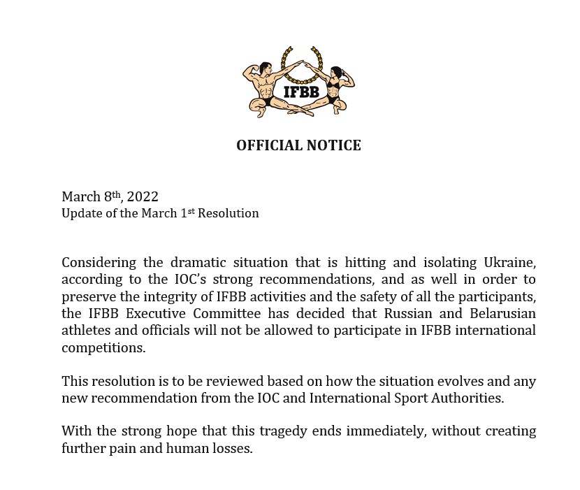IFBB отстраняет российских и белорусских спортсменов