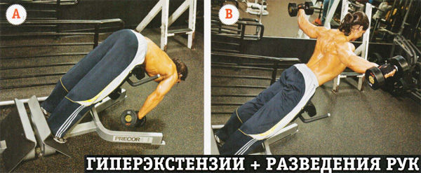 Гиперэкстензии + подъемы гантелей в стороны